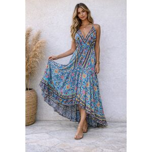 Boho Maxi Dress Blue Floral Flowy Halter Deep V Open Back Hi-Low Ruffle Gypsy